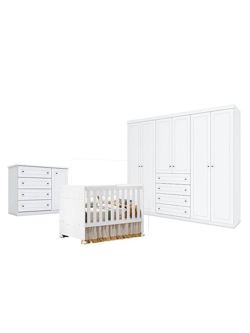 Quarto De Bebê Americano 6 Portas Com Berço Americano Katatau Branco Acetinado - Reller - Henn