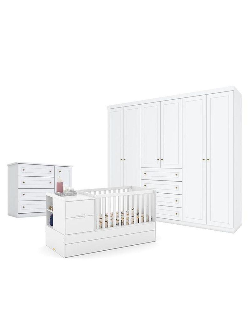 Quarto Bebê Americano 6 Portas Berço Americano Multifuncional Formare Branco Acetinado Matic  Henn