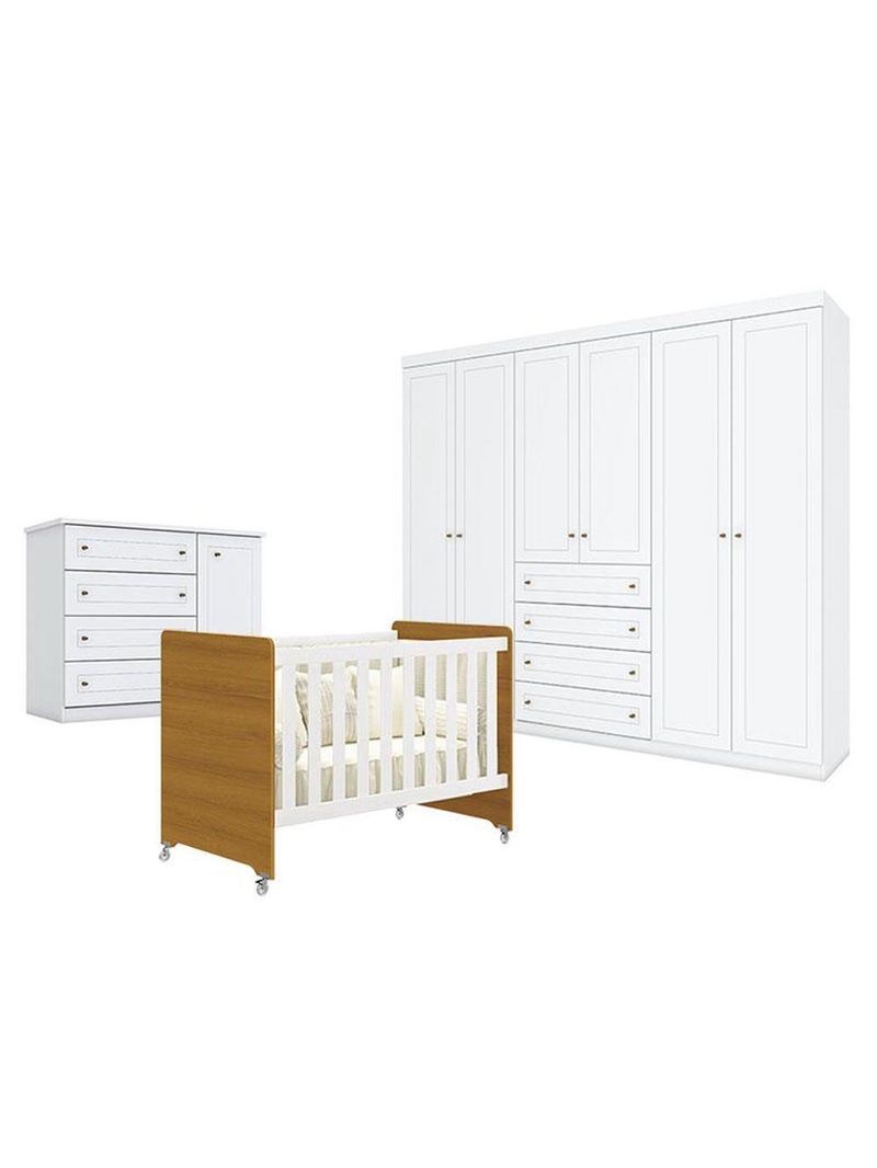 Quarto Bebê Americano 6 Portas Berço Americano Evolution 4 Em 1 Branco Acetinado Savana Reller Henn