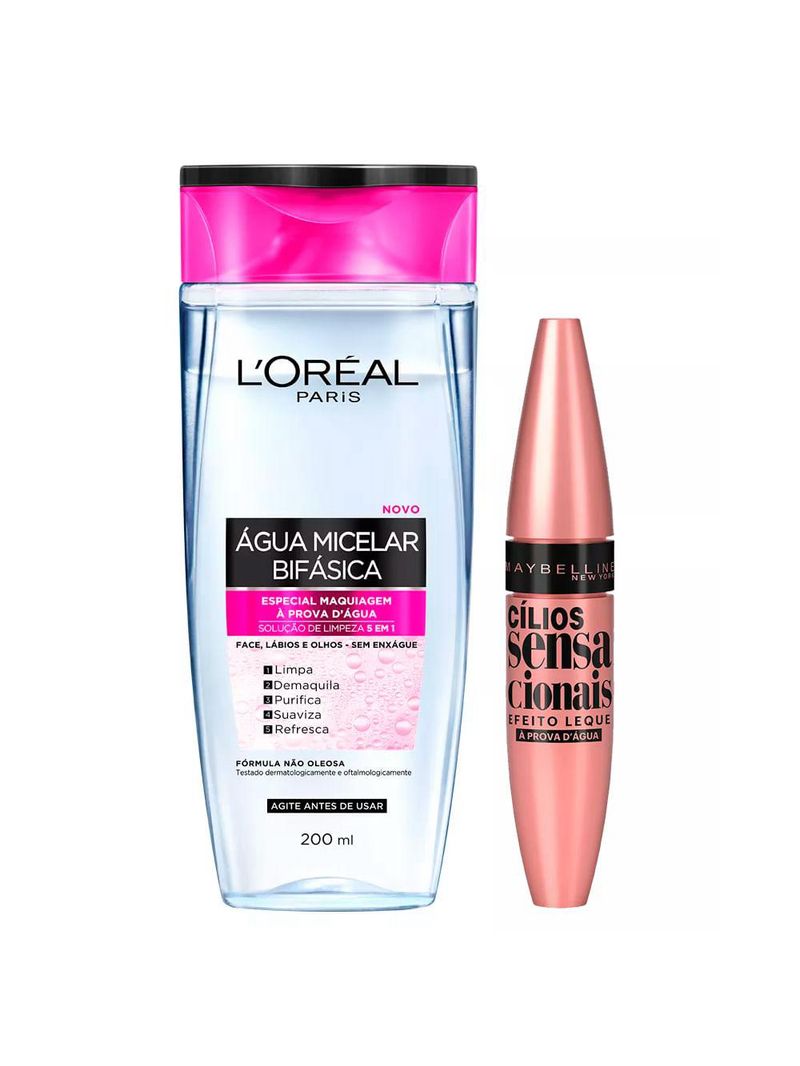 Maybelline kit - Água micelar bifásica + máscara de cílios sensacionais waterproof