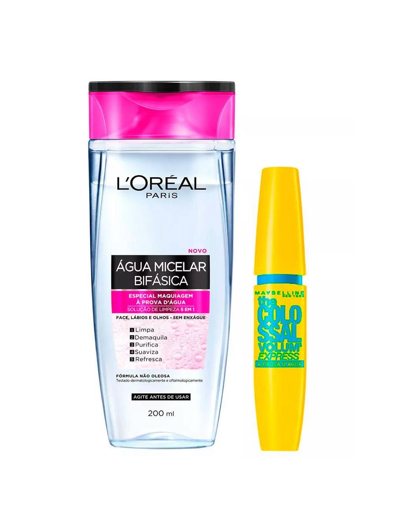 Maybelline kit - Água micelar bifásica + máscara de cílios the colossal volum' express waterproof