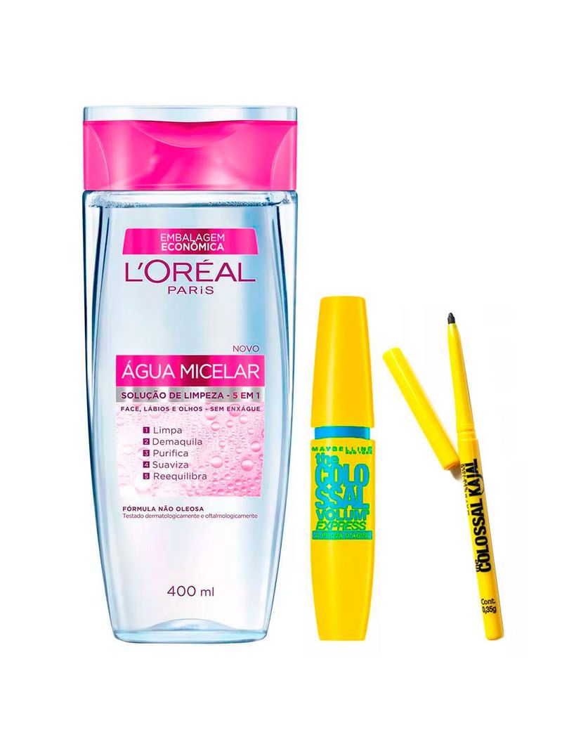 Kit agua micelar l'oréal paris 5 em 1 + volumexpress colossal glam wp + lapis colossal kajal