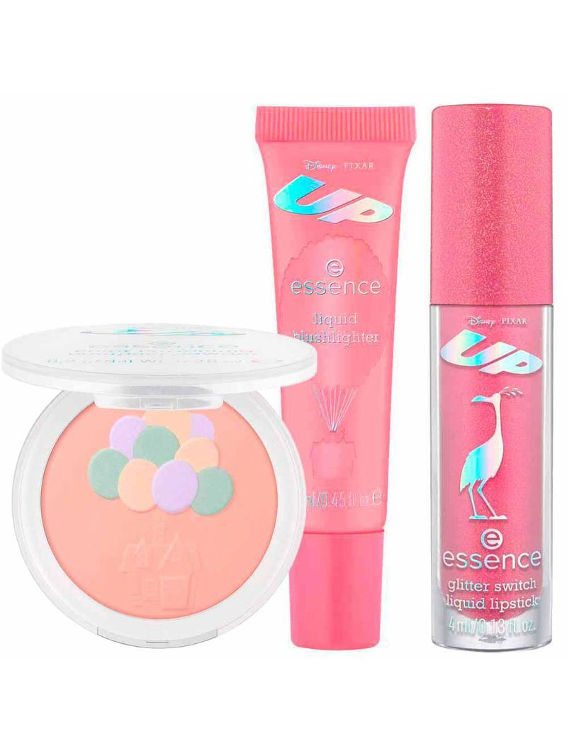 Essence disney pixar up kit - batom líquido paradise falls + blush iluminador dusk in paradise + pó compacto