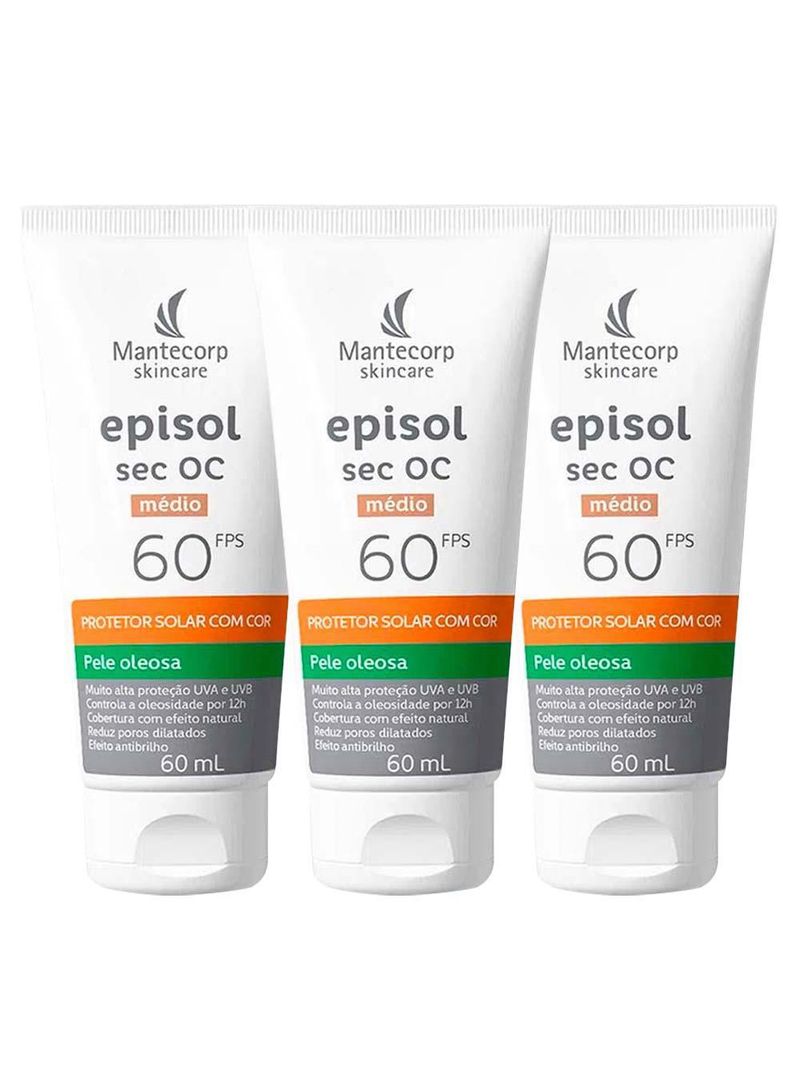 Mantecorp episol sec oc kit com 3 unidades – protetor solar facial com cor fps60 – médio 60ml