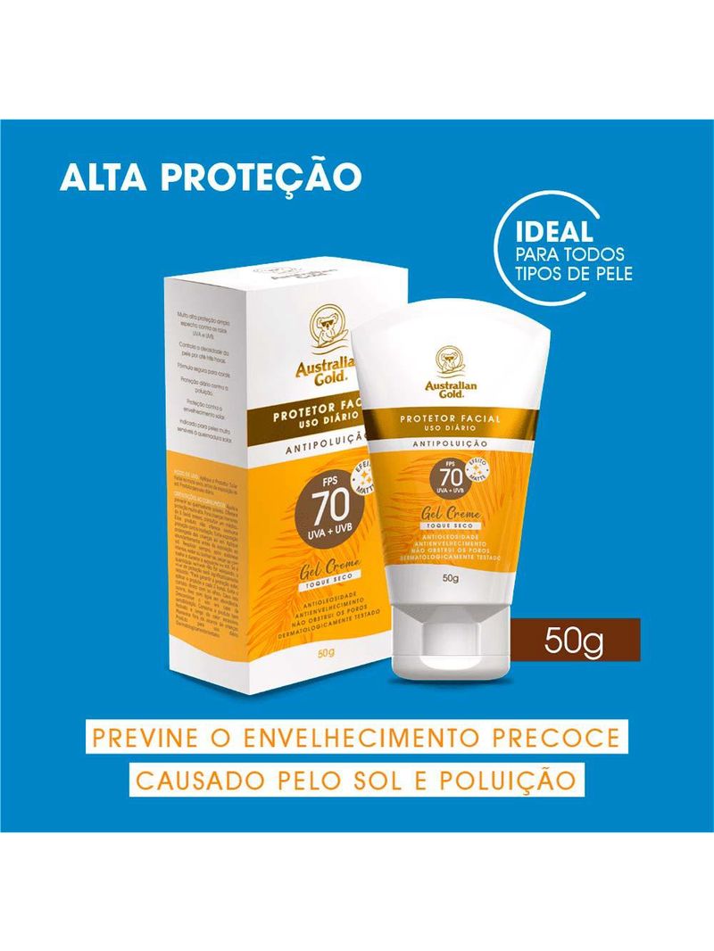 Protetor solar facial gel creme australian gold fps70