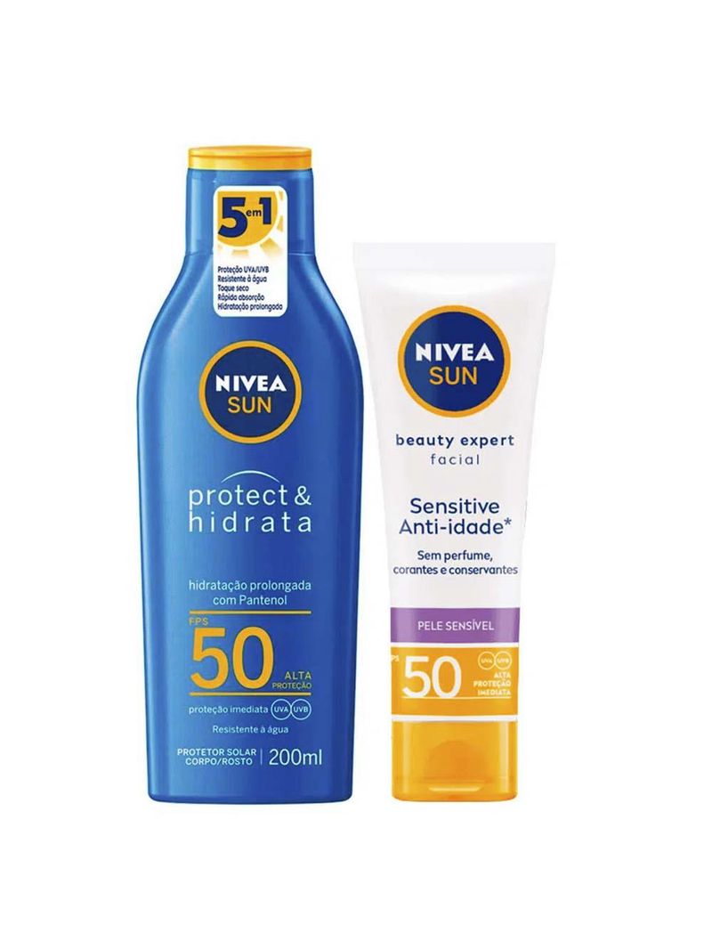 Nivea kit – protetor solar sun protect & hidrata fps50 200ml + protetor solar facial beauty expert sensitive fps50 50g