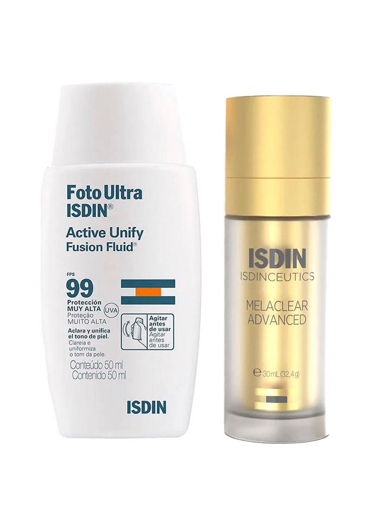 Isdin kit - sérum facial clareador melaclear advanced + clareador facial fotoultra active fluid fps99