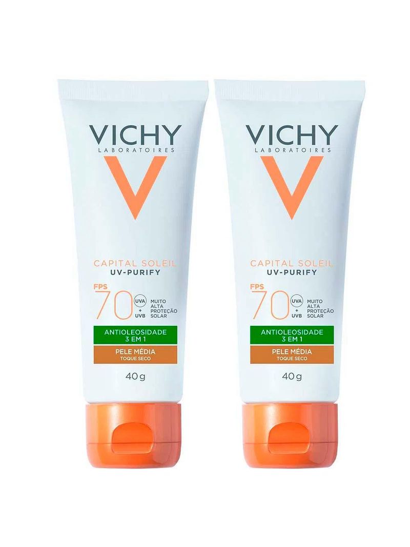Vichy idéal soleil purify kit com 2 unidades – protetor solar facial com cor fps70 – média