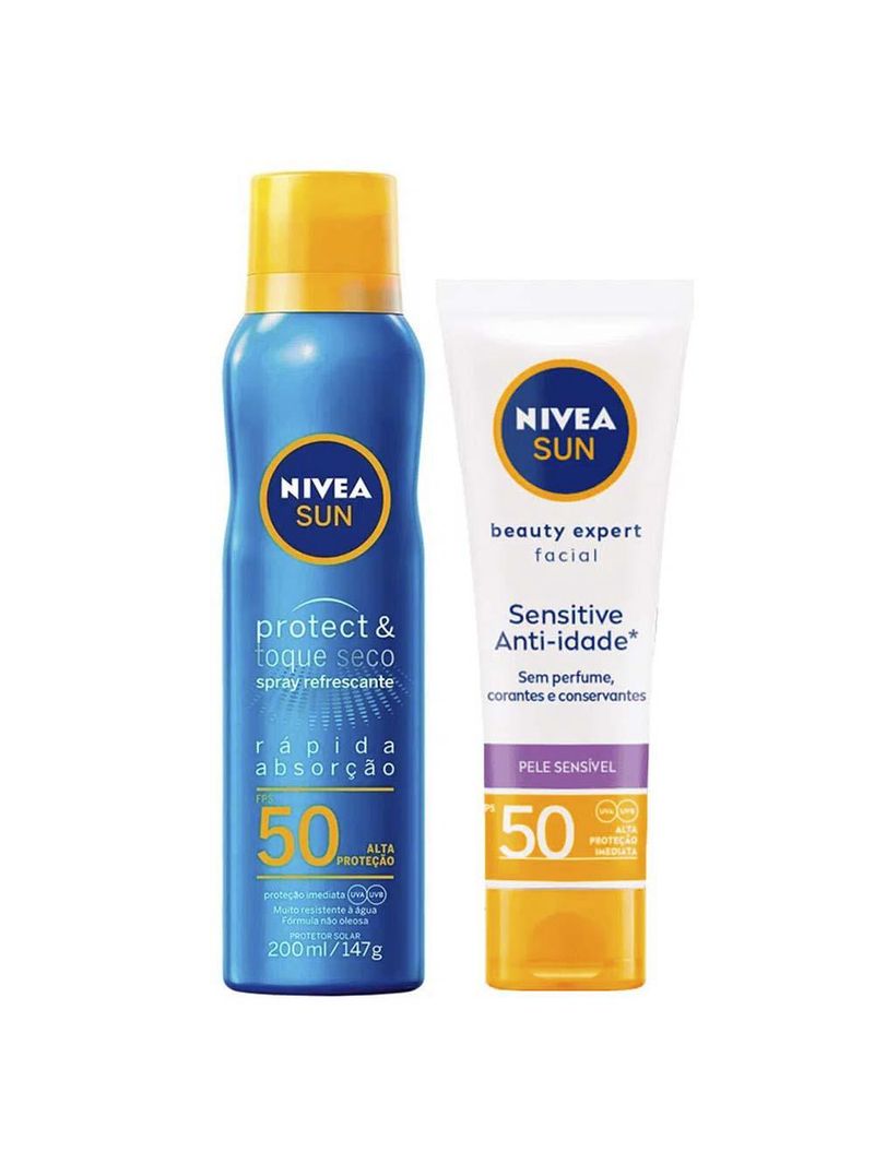 Nivea kit - protetor solar spray protect & toque seco fps50 200ml + protetor solar facial beauty expert sensitive fps 50 50g