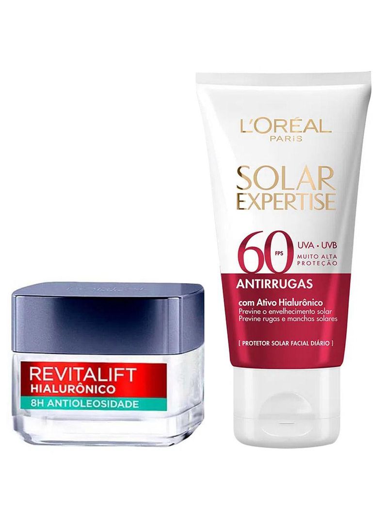 L’oréal paris kit – protetor solar facial solar expertise antirrugas fps60 40g + gel creme facial antioleosidade revitalift hialurônico 50ml