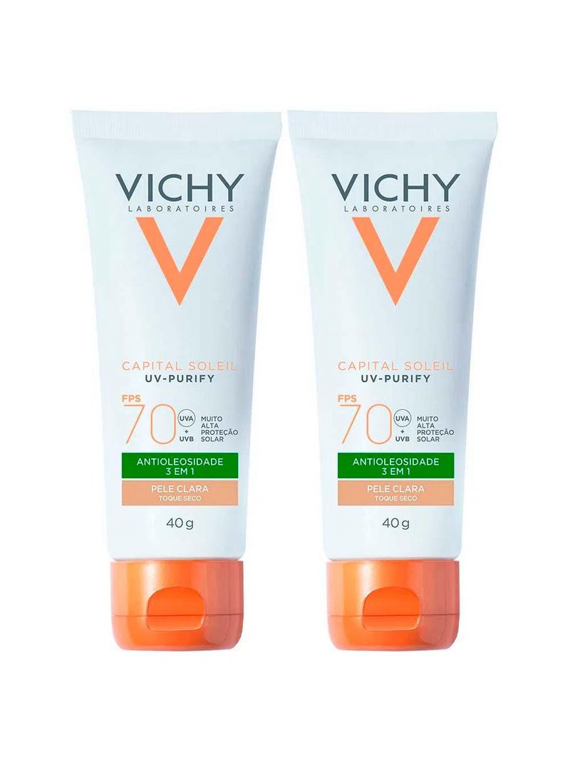 Vichy idéal soleil purify kit com 2 unidades – protetor solar facial com cor fps70 - clara