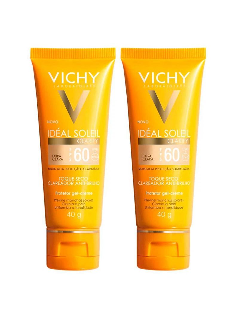Vichy idéal soleil clarify kit com 2 unidades – protetor solar facial com cor fps60 – extra clara