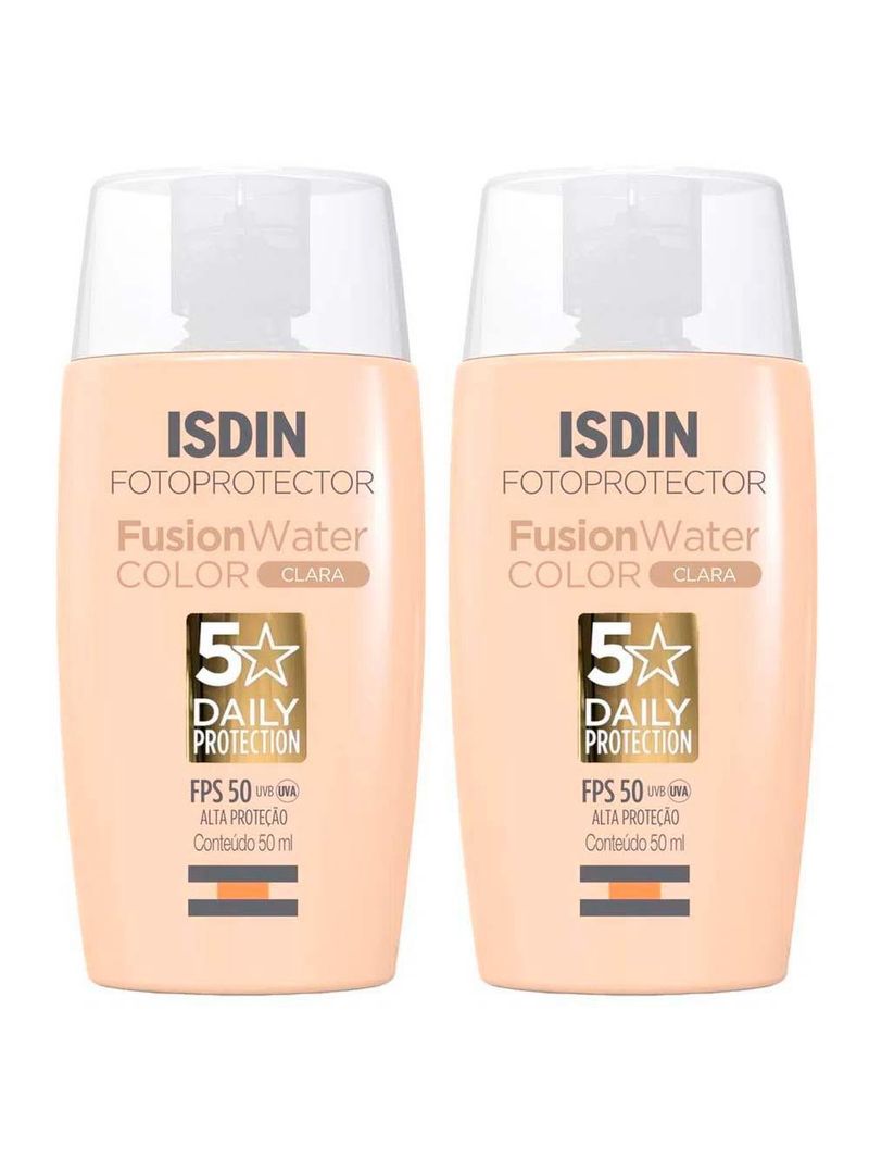Isdin fusion water 5 stars color kit com 2 unidades – protetor solar facial com cor fps50 – 50ml – clara