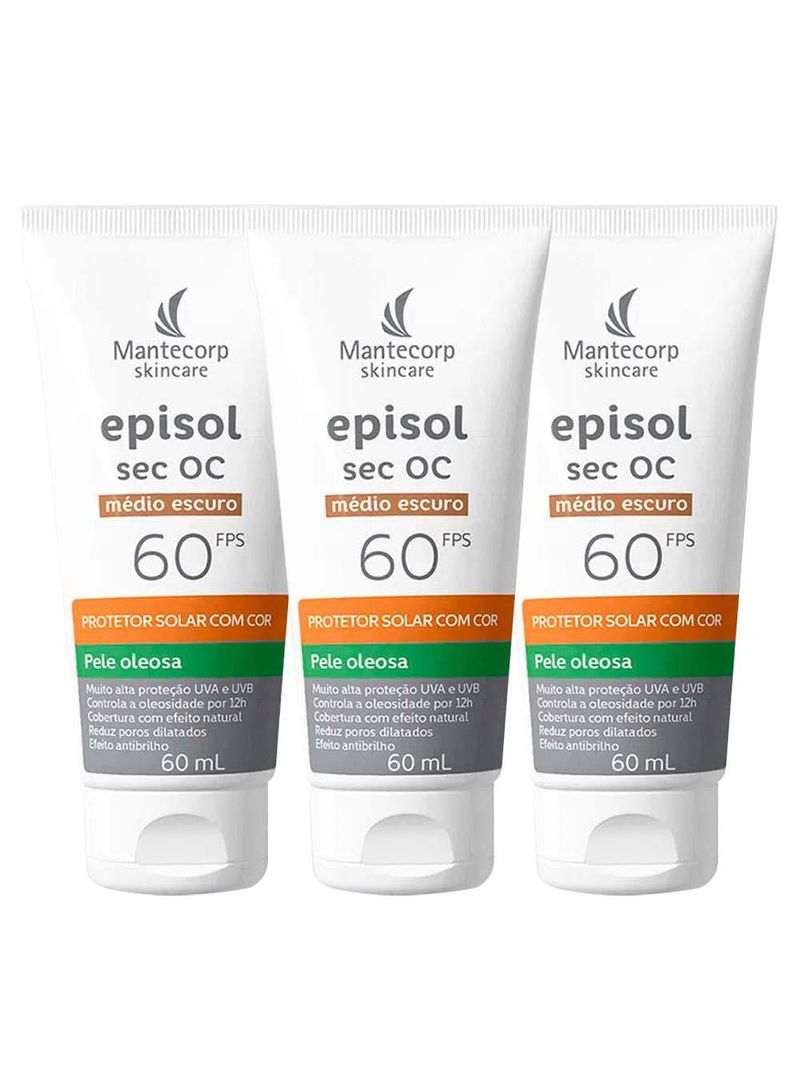 Mantecorp episol sec oc kit com 3 unidades – protetor solar facial fps60 – médio escuro 60ml