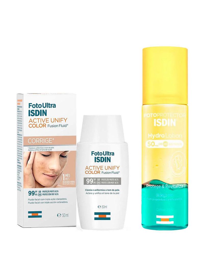 Isdin kit - protetor solar corporal hydrolotion fps50 + clareador facial active unify fusion fluid color fps99