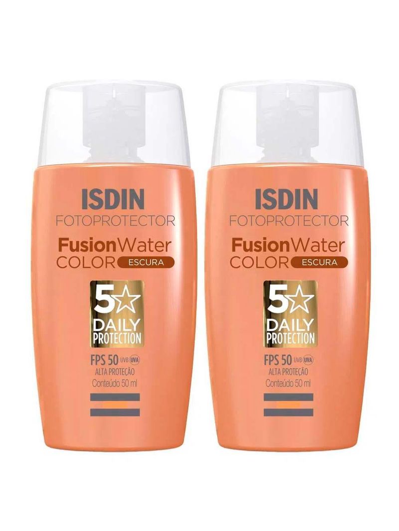 Isdin fusion water 5 stars color kit com 2 unidades – protetor solar facial com cor fps50 – 50ml – escura