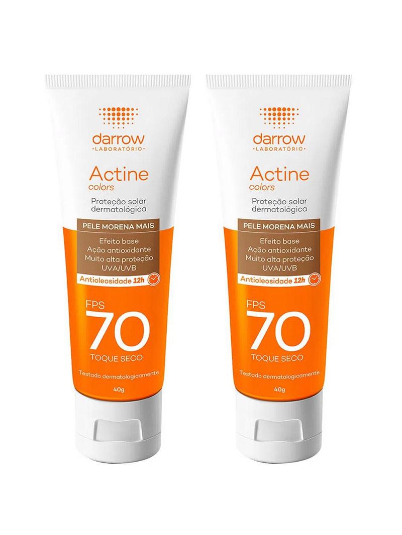 Darrow actine colors kit com 2 unidades – protetor solar facial com cor fps70 – pele morena mais 40g