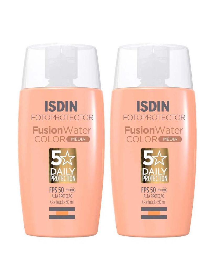 Isdin fusion water 5 stars color kit com 2 unidades – protetor solar facial com cor fps50 – 50ml – média