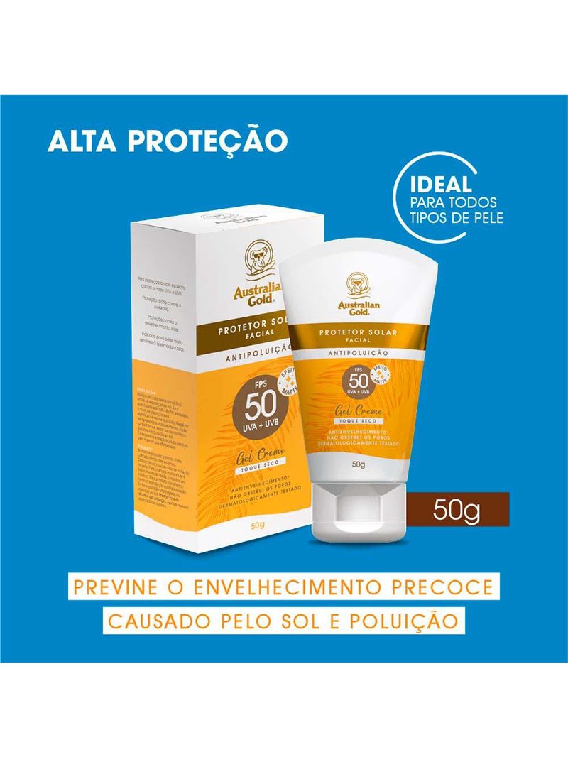 Protetor solar facial australian gold antipoluição fps50