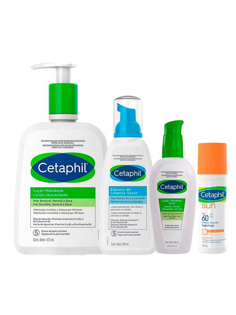 Cetaphil kit rotina – loção facial + protetor solar + espuma de limpeza + hidratante