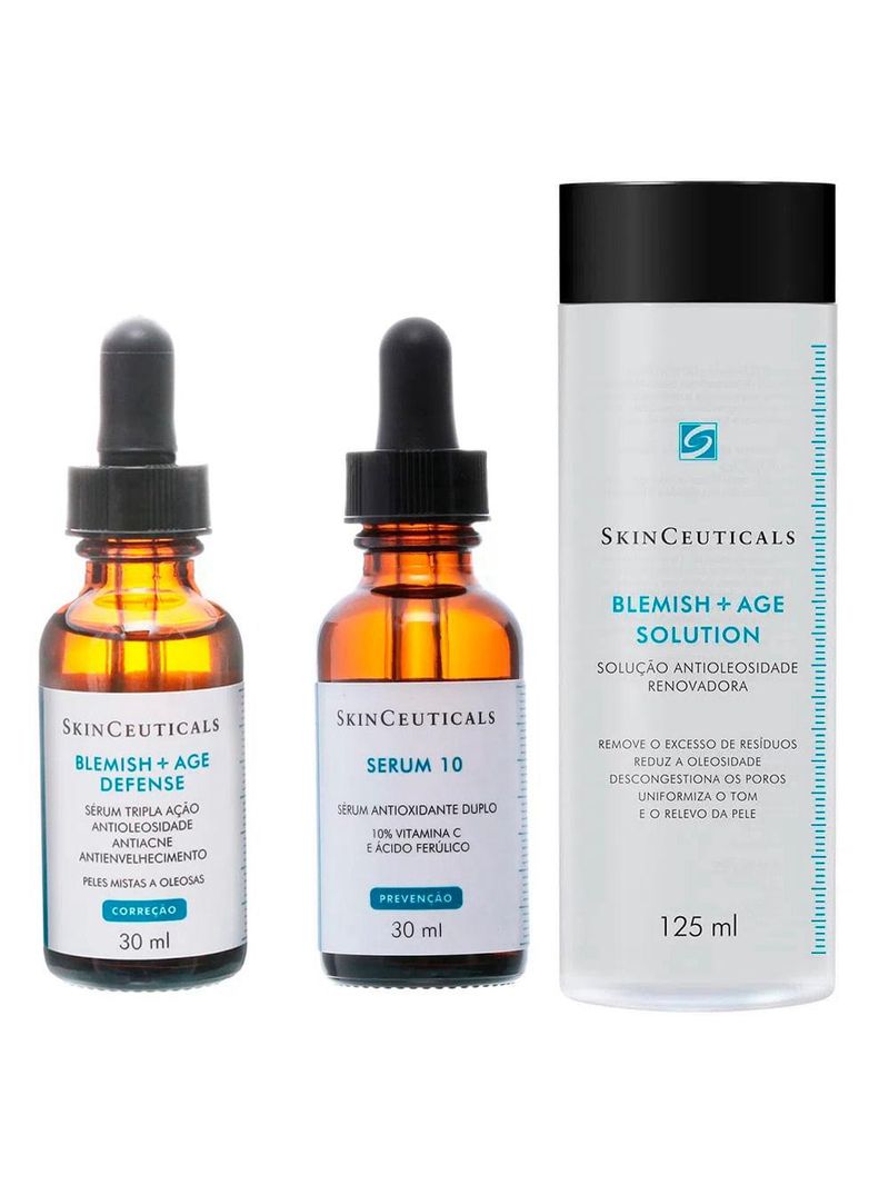 Skinceuticals kit - tônico facial 125ml + rejuvenescedor facial 30ml + tratamento antiacne 30ml