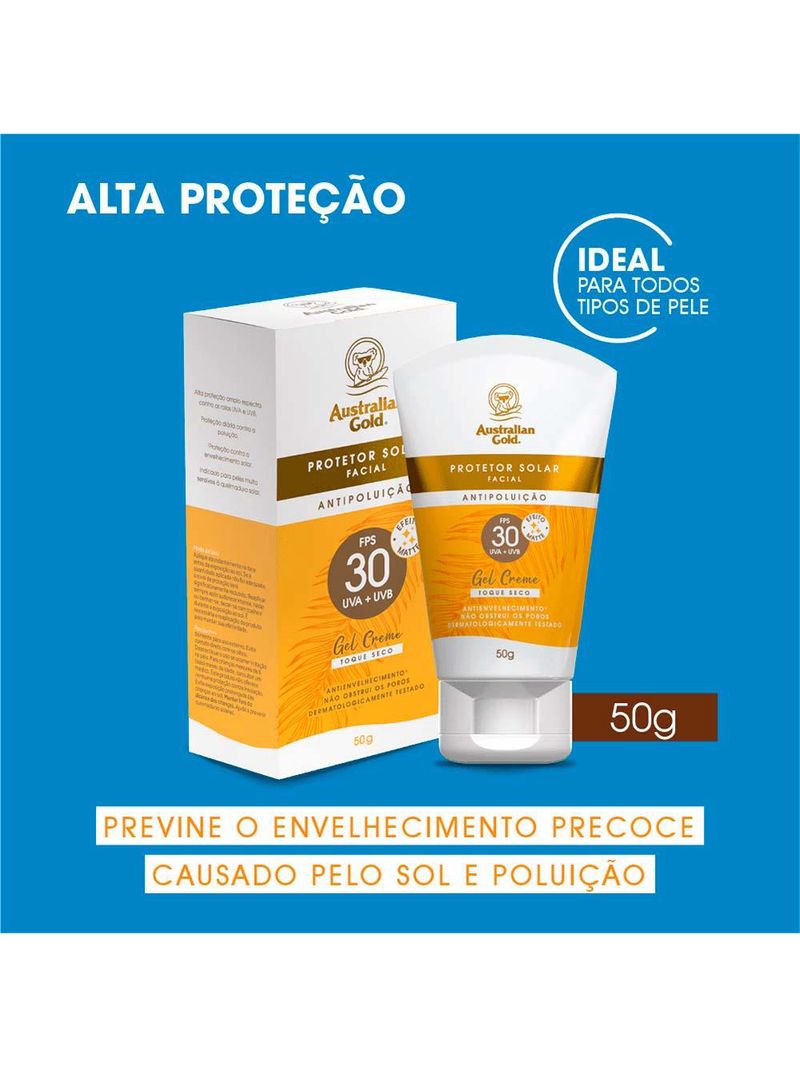 Protetor solar facial australian gold antipoluição fps30