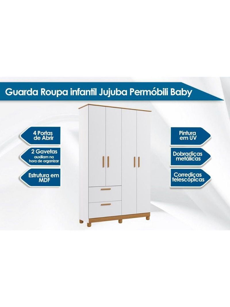 Guarda Roupa Bebê 4 Portas e 2 Gavetas Jujuba Branco - Permóbili Baby