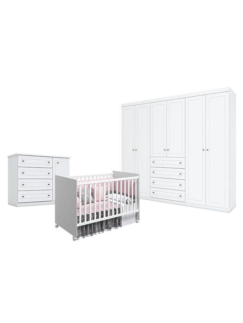 Quarto De Bebê Americano 6 Portas Com Berço Nacional Mel Branco Acetinado - Reller - Henn