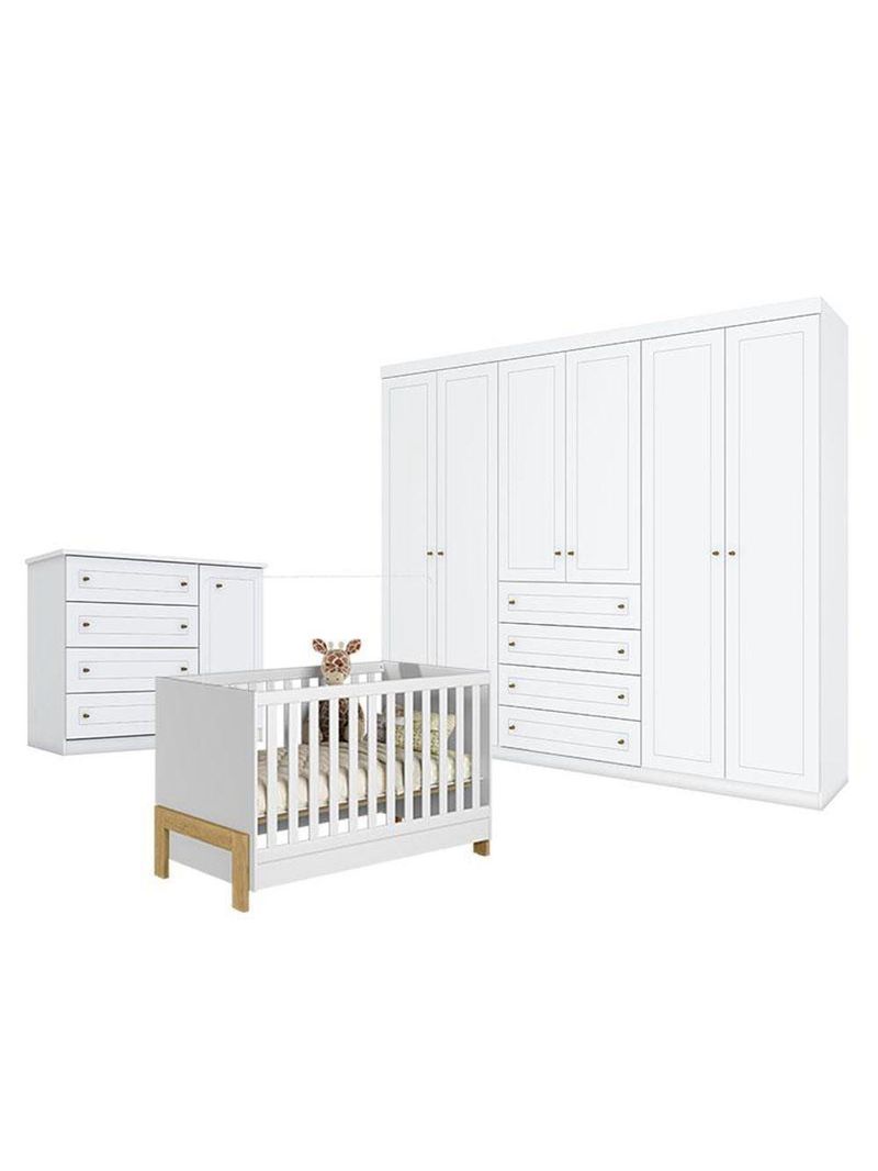 Quarto De Bebê Americano 6 Portas Com Berço Americano Mini Cama Fantasia Branco Acetinado Qmovi Henn