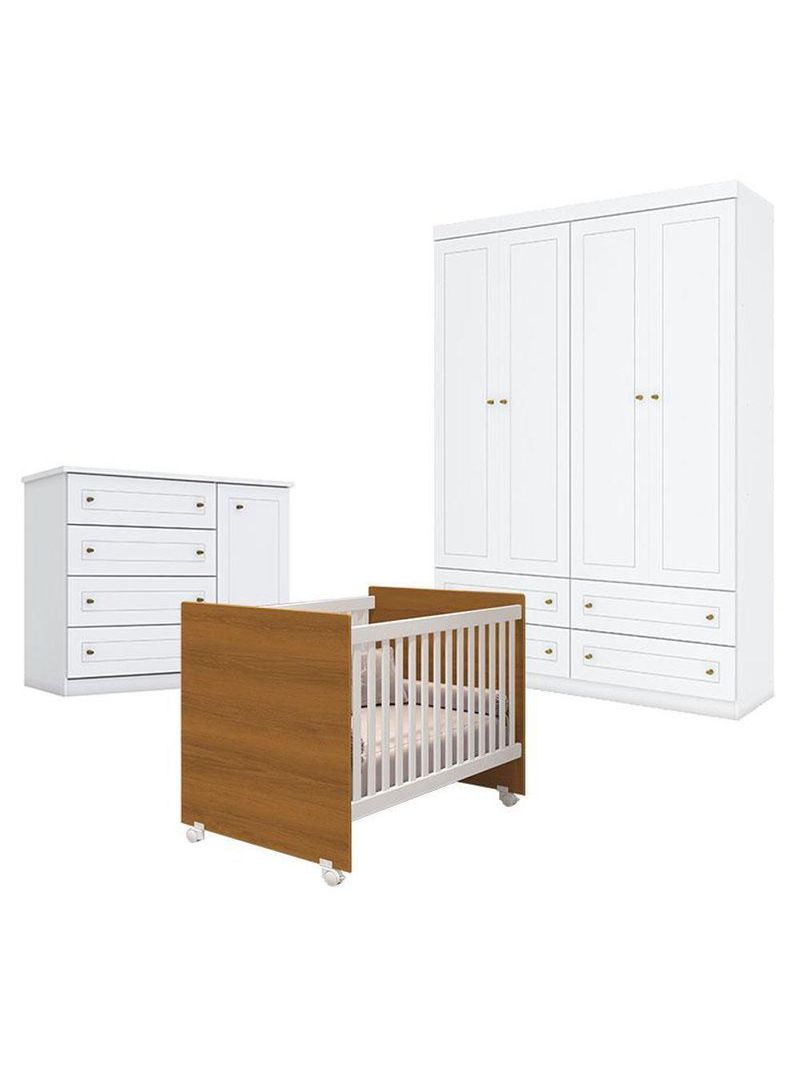 Quarto De Bebê Americano 4 Portas Com Berço Nacional Mel Branco Savana - Reller - Henn