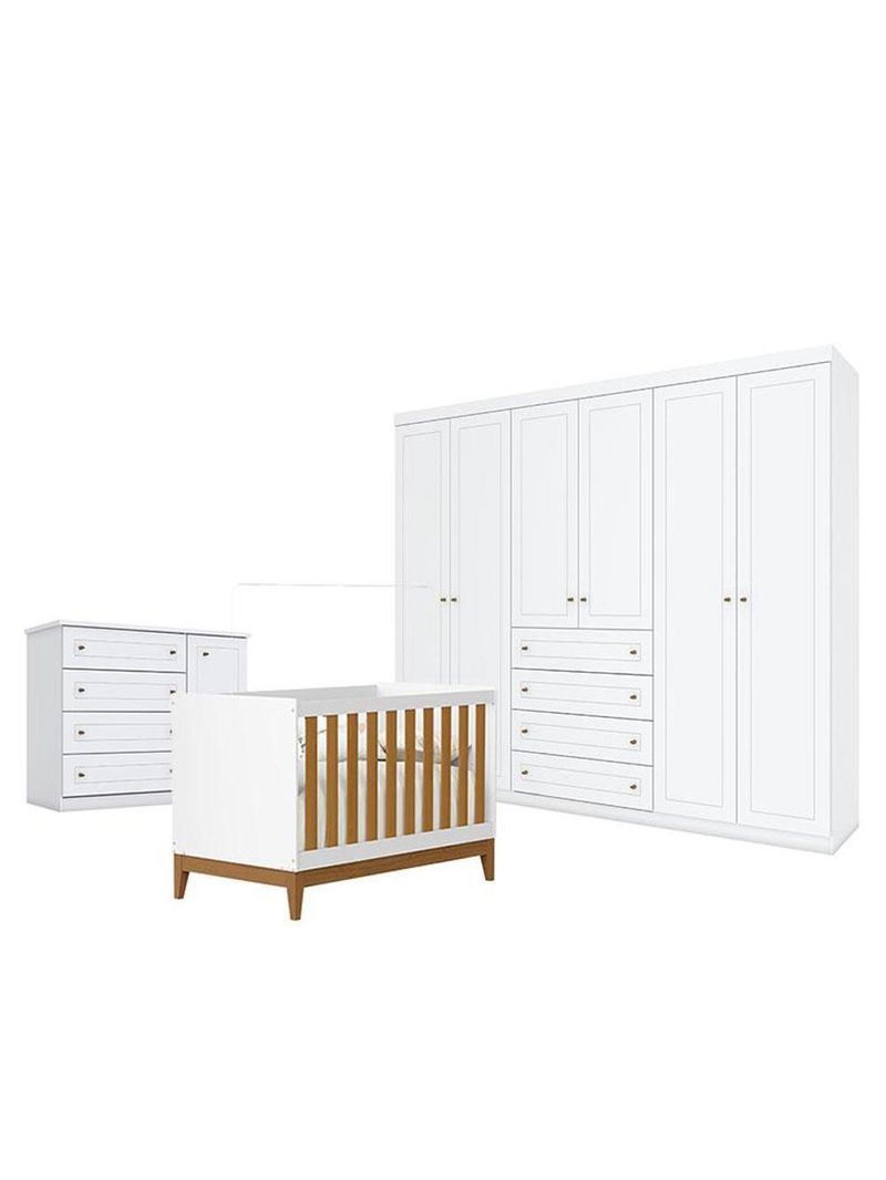 Quarto De Bebê Americano 6 Portas Com Berço Americano Flip Branco Acetinado Savana Reller - Henn