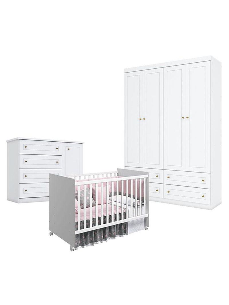Quarto De Bebê Americano 4 Portas Com Berço Nacional Mel Branco Acetinado - Reller - Henn