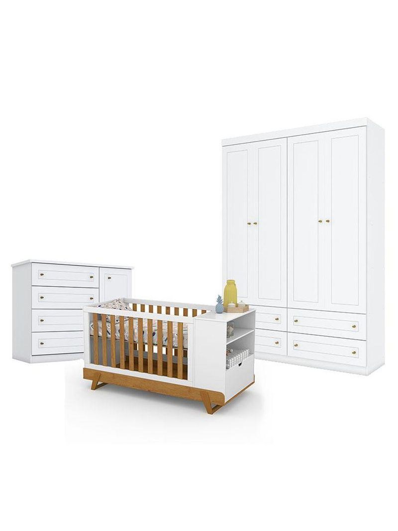 Quarto De Bebê Americano 4 Portas Com Berço Multifuncional Bkids Branco Freijó Eco Wood Matic - Henn