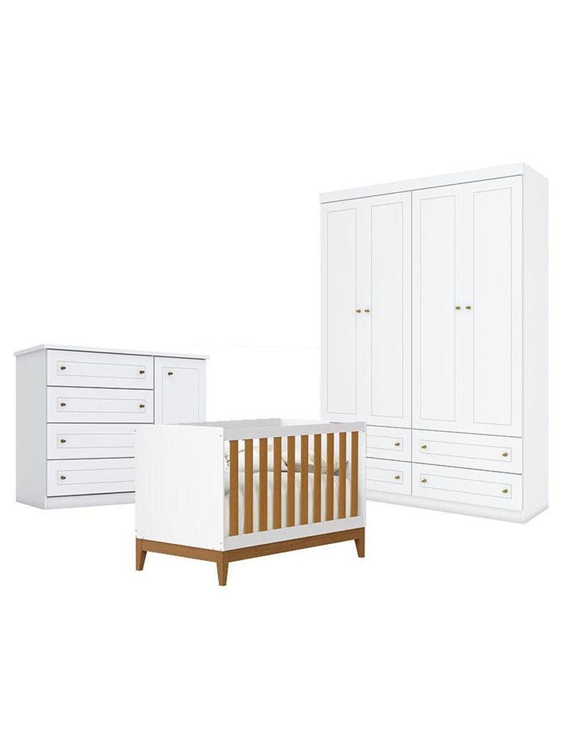 Quarto De Bebê Americano 4 Portas Com Berço Americano Flip Branco Acetinado Savana Reller - Henn