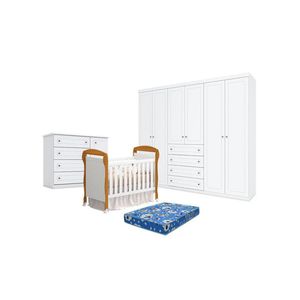 Quarto De Bebê Americano 6 Portas Com Berço Danny Branco Acetinado Savana Reller E Colchão Ortobom - Henn.