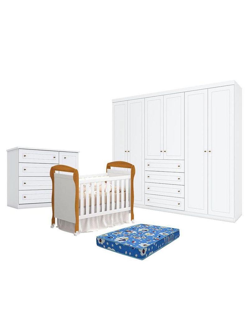 Quarto Bebê Americano 6 Portas Com Berço Danny Branco Acetinado Savana Reller Colchão Ortobom Henn