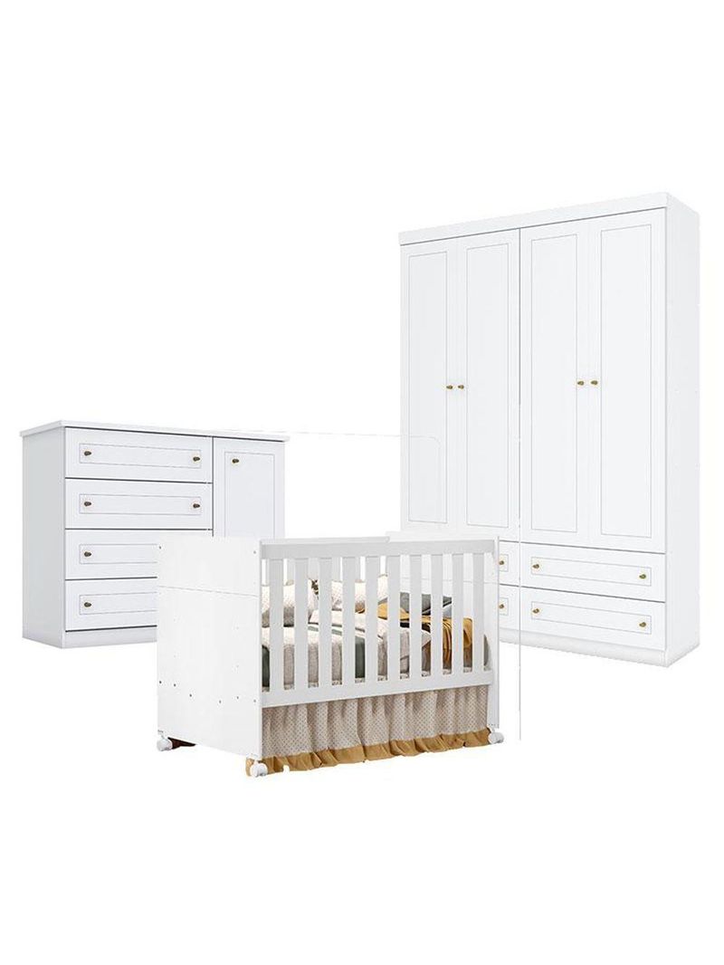 Quarto De Bebê Americano 4 Portas Com Berço Americano Katatau Branco Acetinado - Reller - Henn