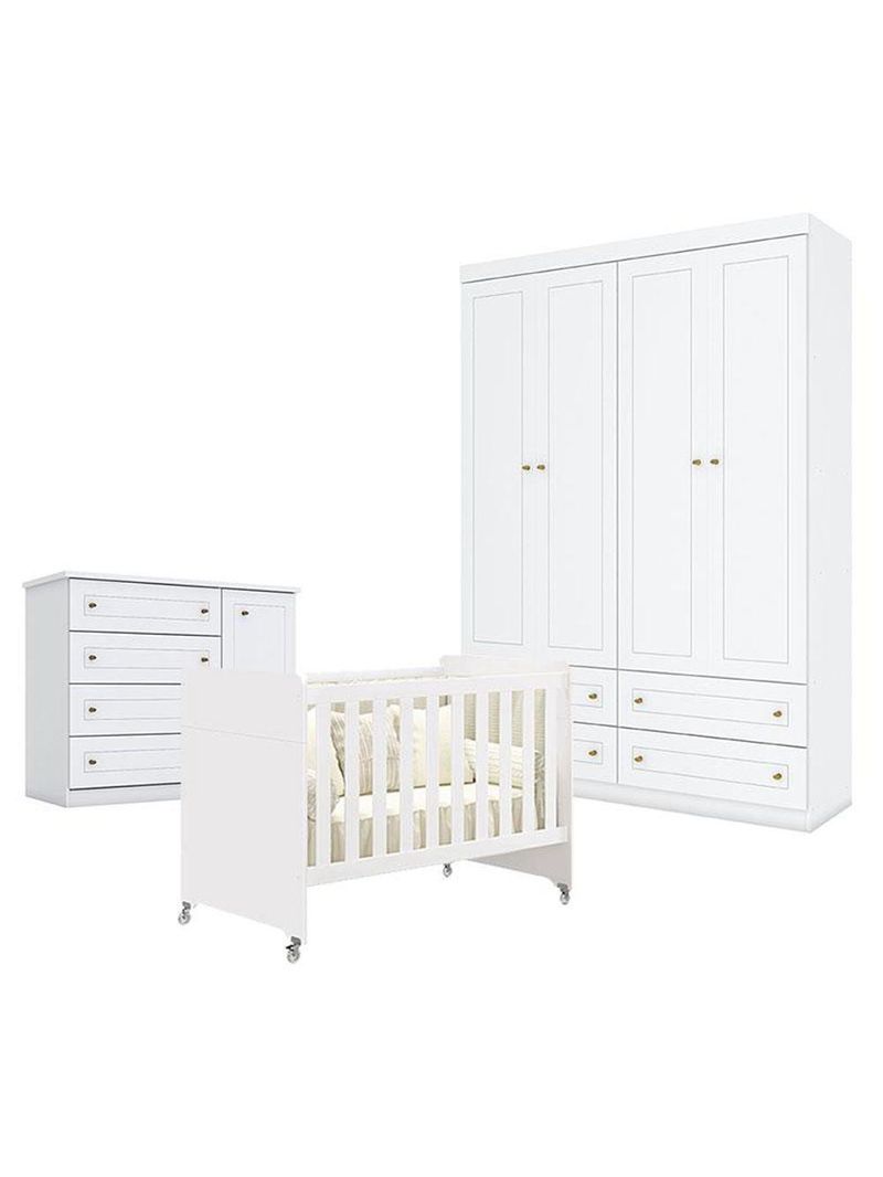 Quarto De Bebê Americano 4 Portas Com Berço Americano Evolution 4 Em 1 Branco Acetinado Reller Henn