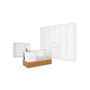 Quarto De Bebê Americano 6 Portas Com Berço Americano Multifuncional Formare Branco Freijó - Matic