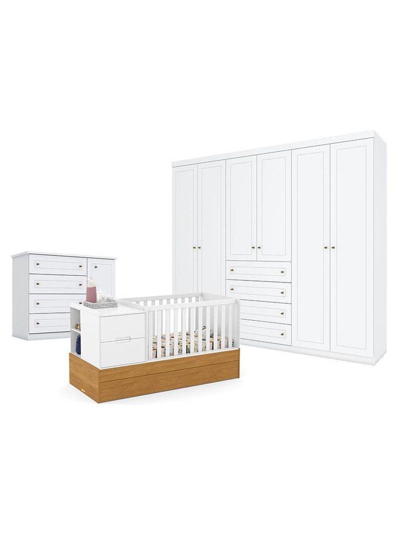 Quarto De Bebê Americano 6 Portas Com Berço Americano Multifuncional Formare Branco Freijó - Matic