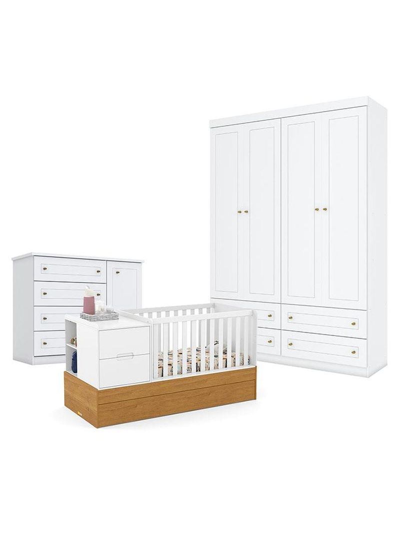 Quarto Bebê Americano 4 Portas Com Berço Americano Multifuncional Formare Branco Freijó Matic  Henn