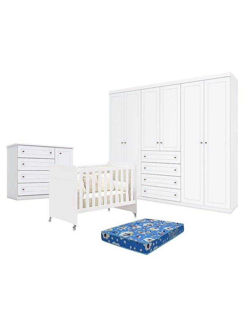 Quarto Bebê Americano 6 Portas Berço Americano Evolution 4 Em 1 Branco   Reller Colchão Ortobom Henn
