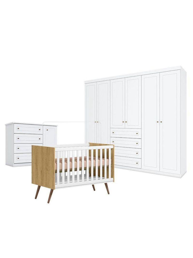 Quarto Bebê Americano 6 Portas Berço Americano Q Encanto 3820 Retrô Freijó Toq Branco   Qmovi Henn