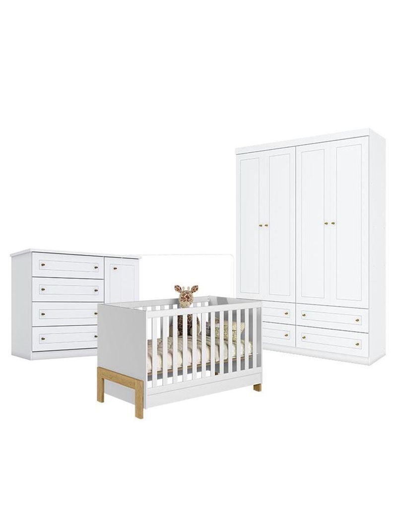 Quarto Bebê Americano 4 Portas Com Berço Americano Mini Cama Fantasia Branco Acetinado Qmovi  Henn