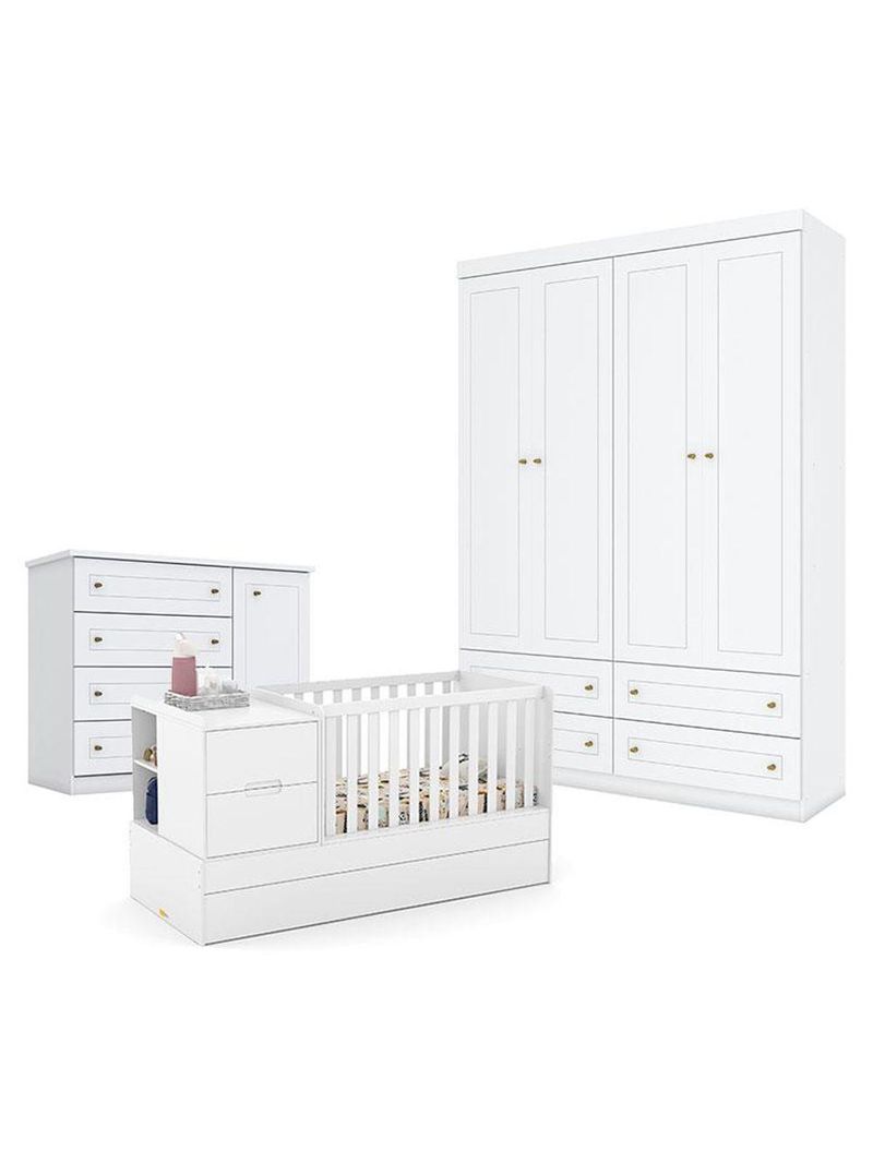 Quarto Bebê Americano 4 Portas Berço Americano Multifuncional Formare Branco Acetinado Matic  Henn