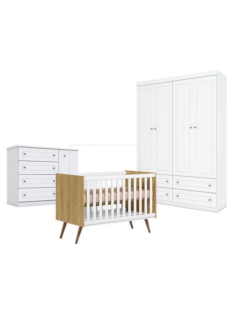 Quarto Bebê Americano 4 Portas Berço Americano Q Encanto 3820 Retrô Freijó Toq Branco   Qmovi Henn