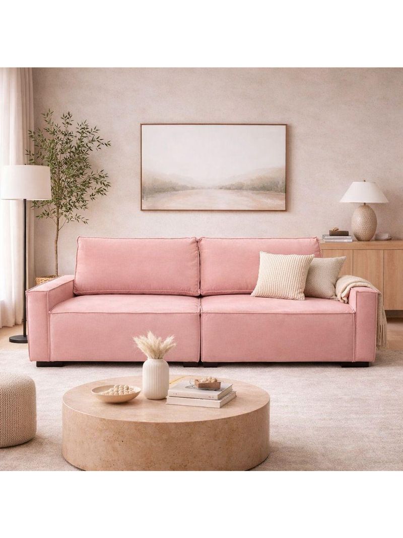 Sofá 2 Metros Contemporâneo Sala Estar Luxo Moderno Suede Cor:rosa