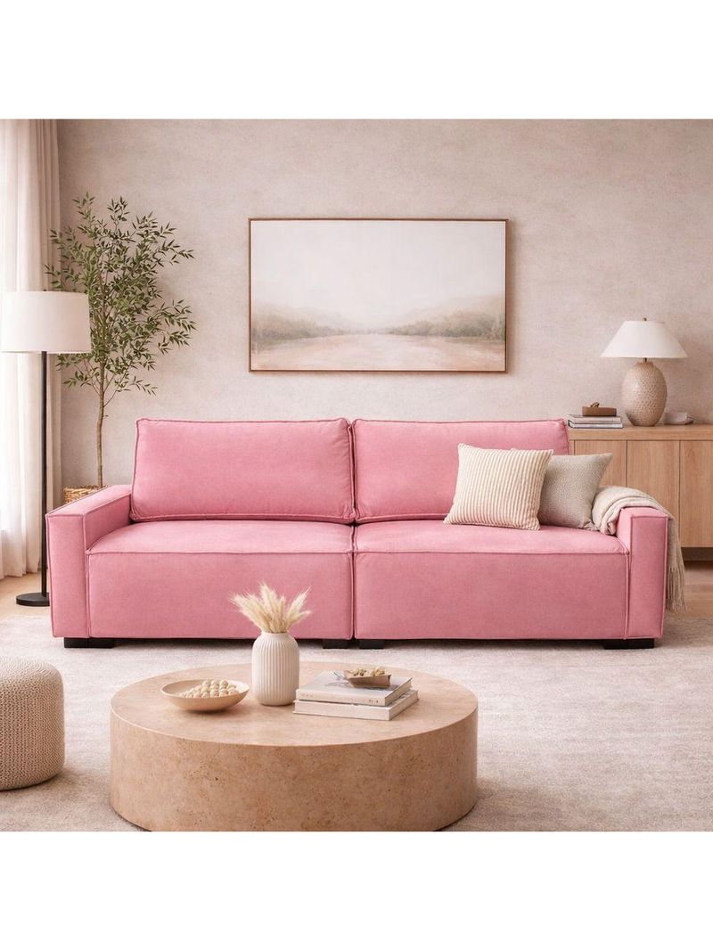 Sofá 3 Lugares Moderno Contemporâneo Sala Recepção Suede Cor:rose