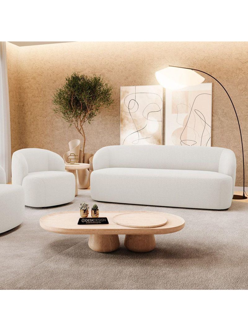Poltrona Giratória E Sofá Orgânico Living Leez 170cm 02 Lugares Bouclê Off White - Desk Design