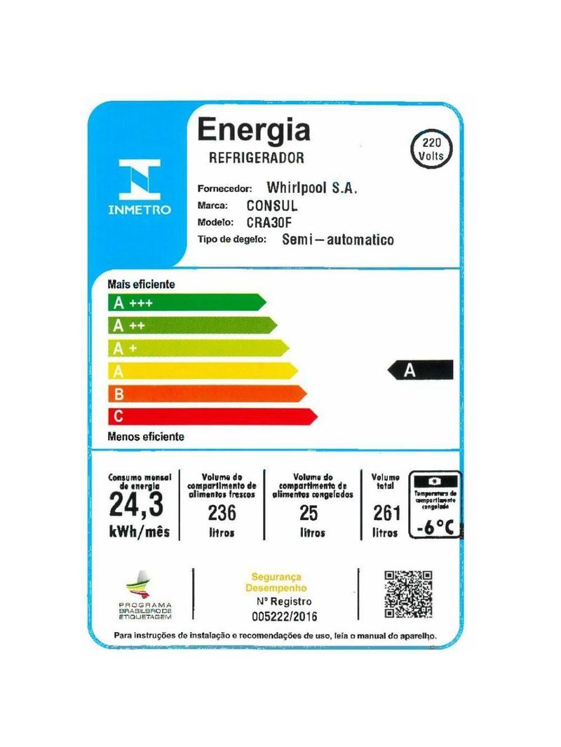 Geladeira Consul Degelo Seco 261 litros Branca com Gavetão Hortifruti CRA30FB 127V